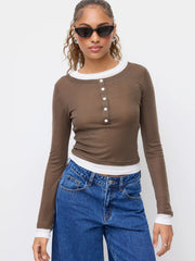 Wool-blend U-neckline Button Two Tone Long Sleeve Tee