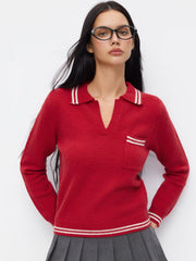 Knit Polo V-neck Long Sleeve Contrasting Binding Oversized Sweater