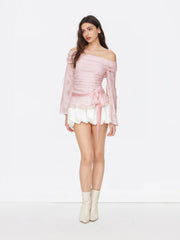 Lace Off-shoulder Floral Knotted Ruched Long Sleeve Top