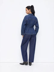Denim Collar Long Sleeve Cinched Waist Ruffle Hem Button Jacket
