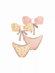 Reversible Floral & Gingham Halter O-Ring Bandeau Low Rise Bikini Set