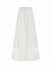 Mid Rise Drawstring Lace Trim Wide Leg Trousers