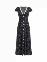 Floral V-neck Short Sleeve Lace Trim Button Maxi Dress