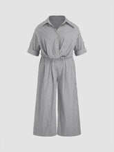 Cotton-blend Collar Striped Knotted Roll-up Sleeve Jumpsuit Curve & Plus