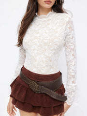 Floral Lace Stand Collar Ruffle Long Sleeve Bodysuit