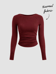 Thermal Cotton-blend Boat Neck Solid Ruched Long Sleeve Tee