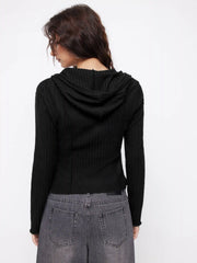 Knit Hooded Drawstring Cinched Waist Long Sleeve Top