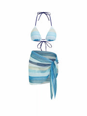Halter Neckline Striped Tie Side Hollow Out Triangle Bikini Set With Sarong