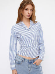 Cotton-blend Collar Stripe Knotted Shirt