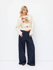 Jacquard Mushroom & Bear Graphic Round Neckline Oversized Top