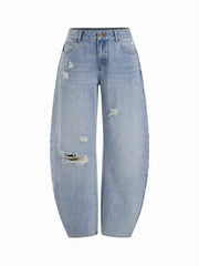 Denim Low Rise Ripped Barrel-leg Cropped Oversized Jeans