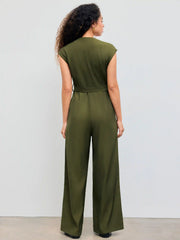 Collar Solid Pocket Wide Leg Jumpsuit With Belt