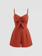 Cotton-blend Bowknot Shirred Romper