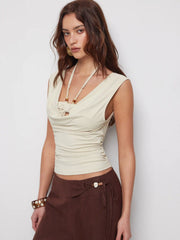 Halter Neck Drawstring Ruched Cut Out Beaded Detail Crop Tank Top