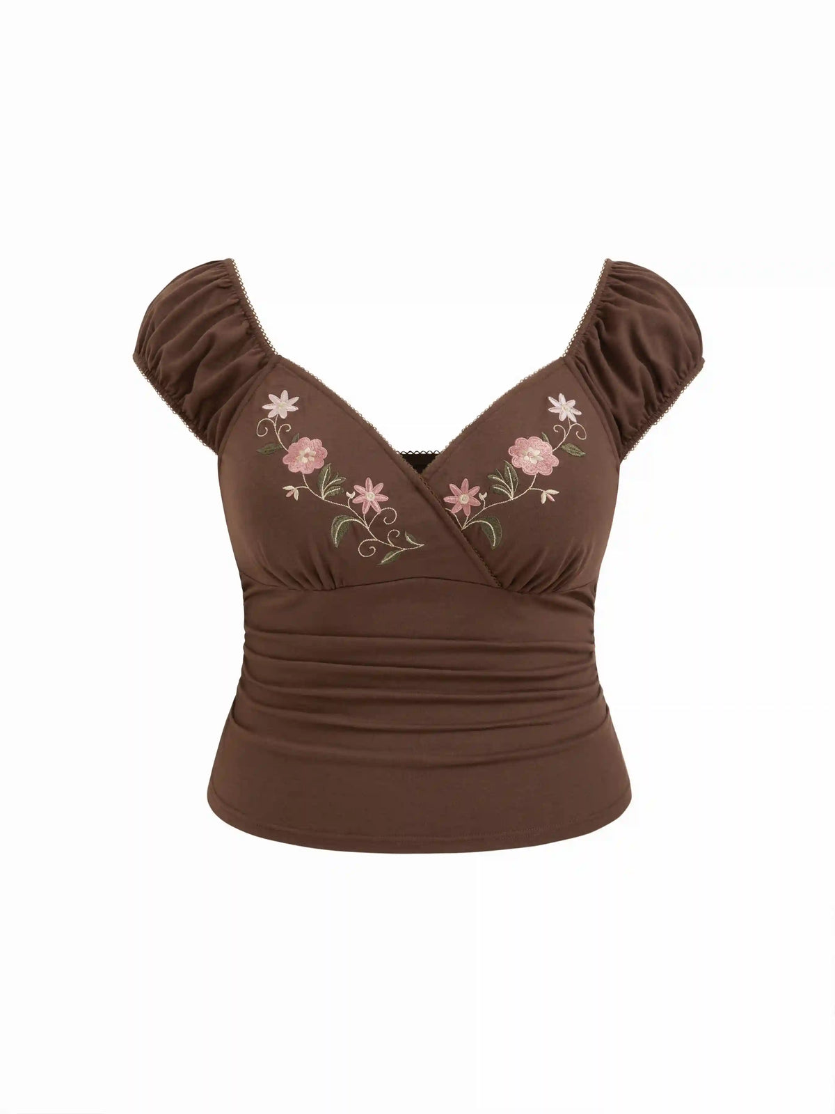 Cotton-blend V-Neck Floral Embroidery Ruched Puff Sleeve Top Curve & Plus