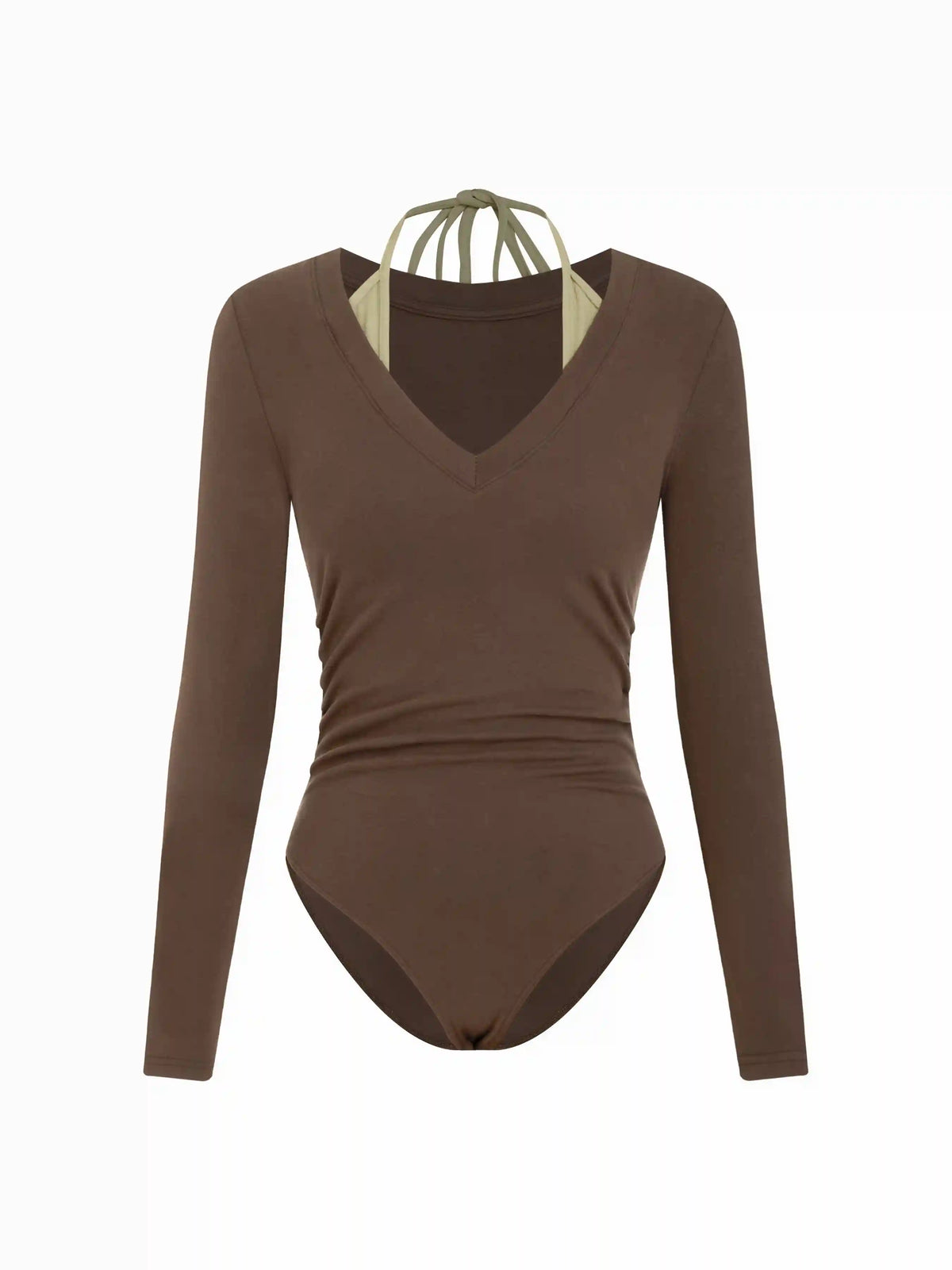Cotton-blend Colorblock Halter V-neck Long Sleeve Ruched Bodysuit