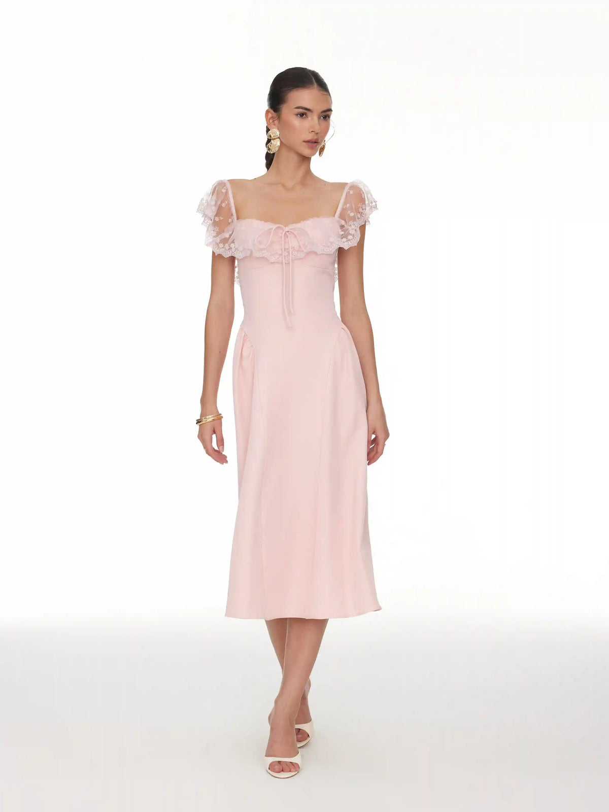 Lace Ruffle Sweetheart Neck Bowknot A-Line Midi Dress