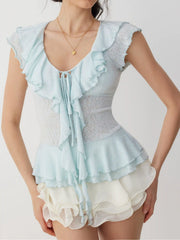 Textured V-neck Ruffle Sleeve Twist Knotted Ruffle Hem Longline Top