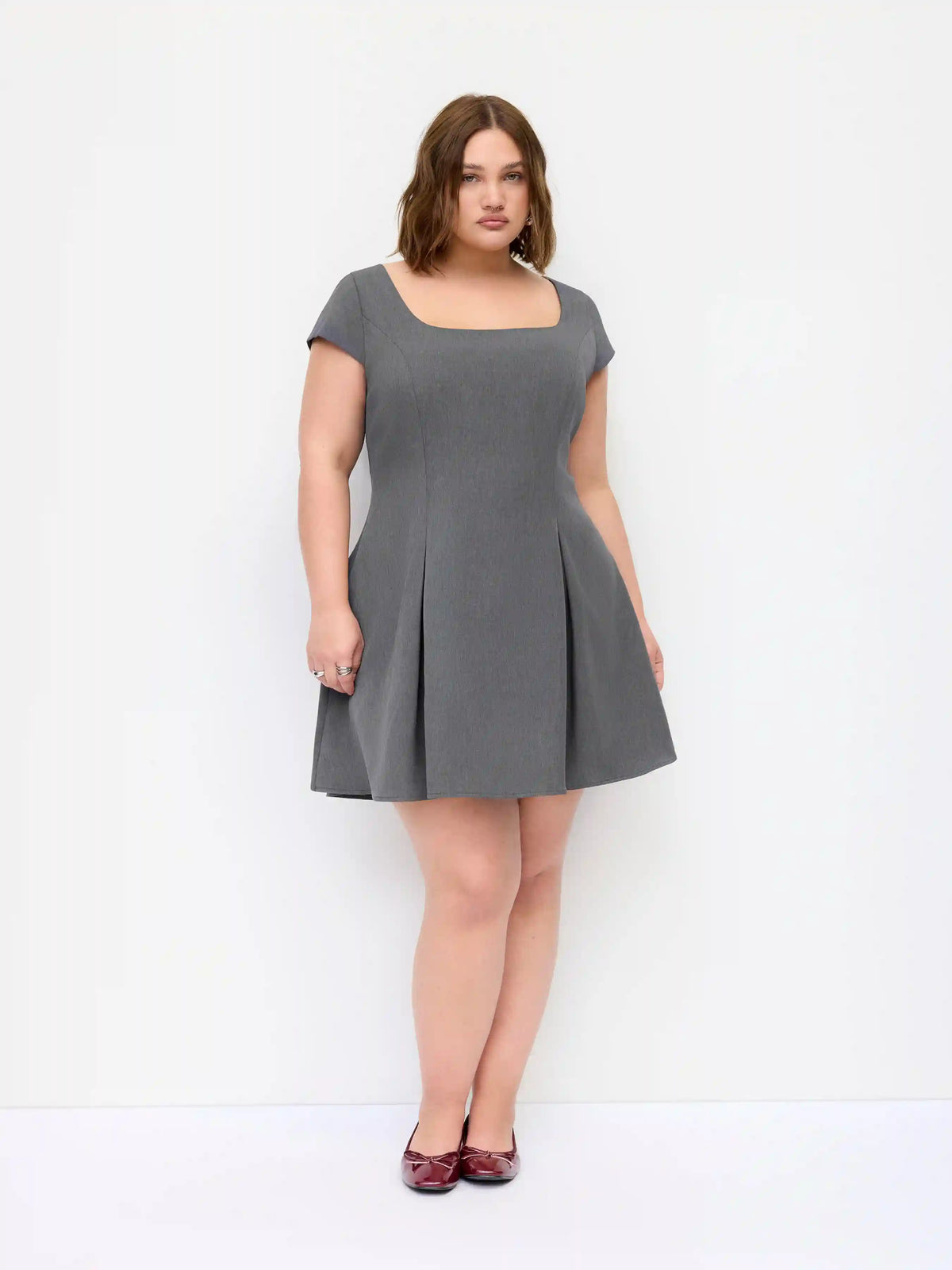 Woven Square Neck Pleated A-line Mini Dress Curve & Plus