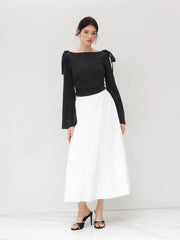 Boat Neck Bowknot Ruched Long Sleeve Top
