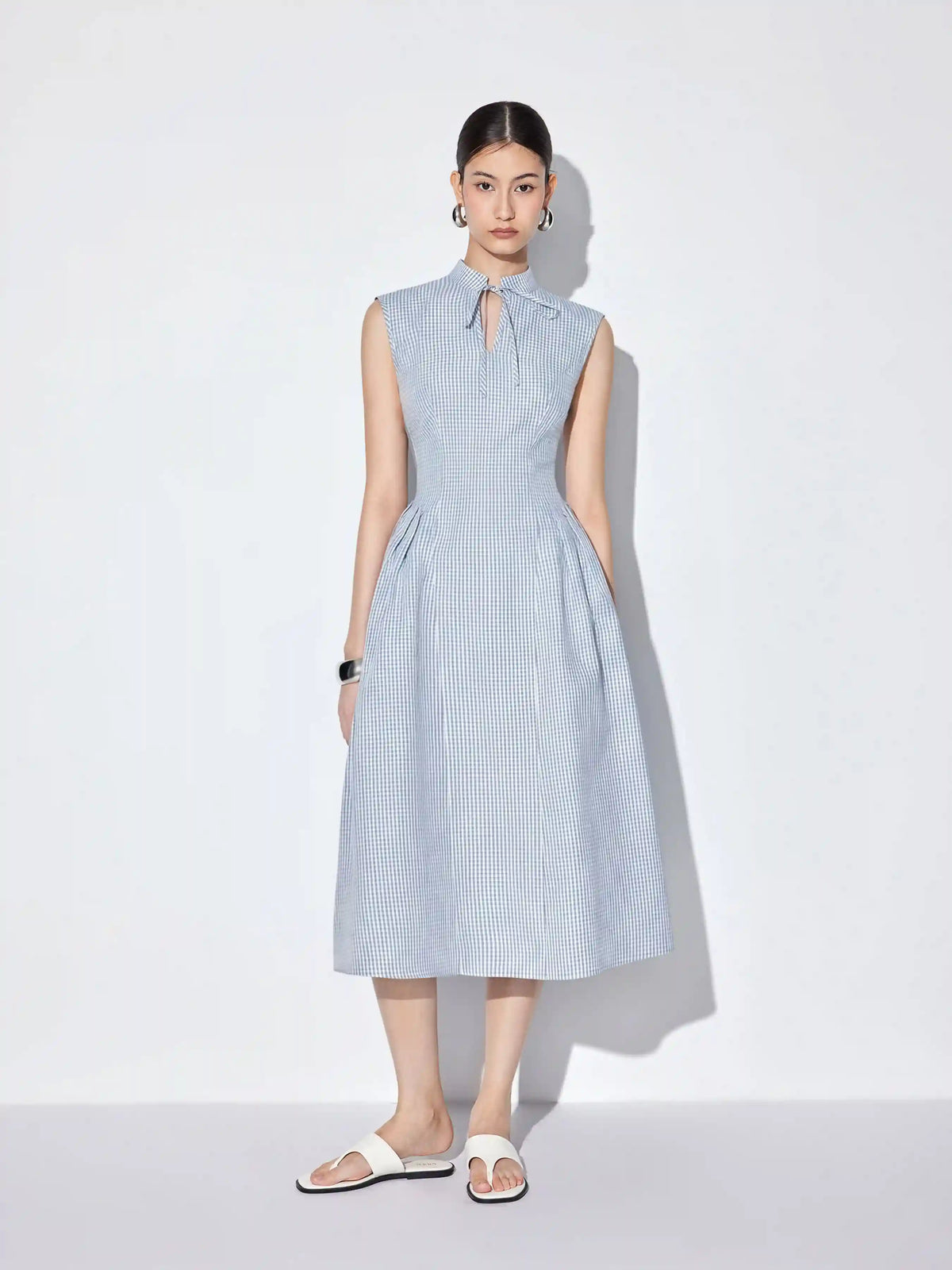 Cotton-blend Gingham Stand Collar Tie Neck Shirt Midi Dress