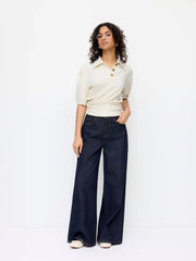 Ruched Hem Collar Short Sleeve Top With Metal Button