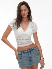 Jacquard Lace V-Neck Ruffle Sleeve Lettuce Trim Sheer Top