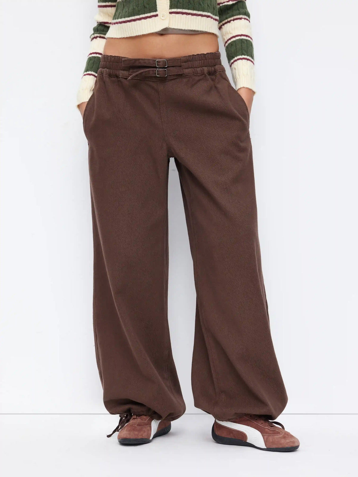 Denim Mid Rise Elastic Waist Wide Leg Drawstring Jogger Jeans