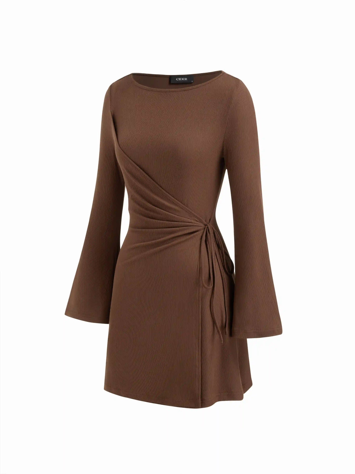 Boat Neck Wrap Ruched Knotted Bell Sleeve Mini Dress