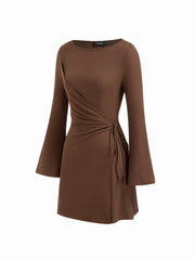 Boat Neck Wrap Ruched Knotted Bell Sleeve Mini Dress
