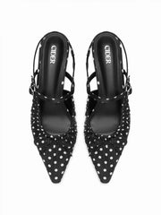 POINTED TOE  BOWKNOT DECOR POLKA DOT  KITTEN HEELS