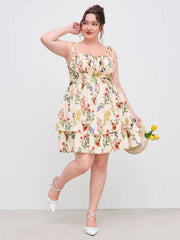 Woven Floral Ruffle Hem Knotted Layered Mini Dress Curve & Plus