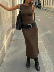 Round Neck Belted A-line Maxi Dress With Belt