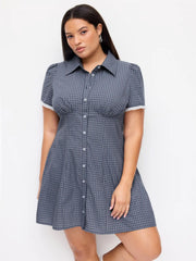 Cotton-blend Collar Check Shirred Mini Dress Curve & Plus