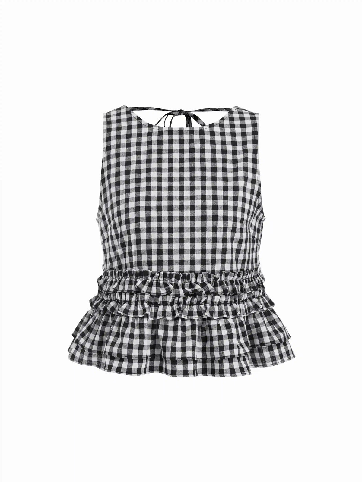Cotton-blend Gingham Boat Neck Ruffled Top