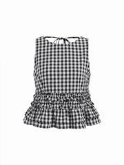 Cotton-blend Gingham Boat Neck Ruffled Top