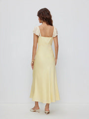 Satin Sweetheart Ruffle sleeve Lace Panel Bowknot Ruched Mermaid Maxi Dress