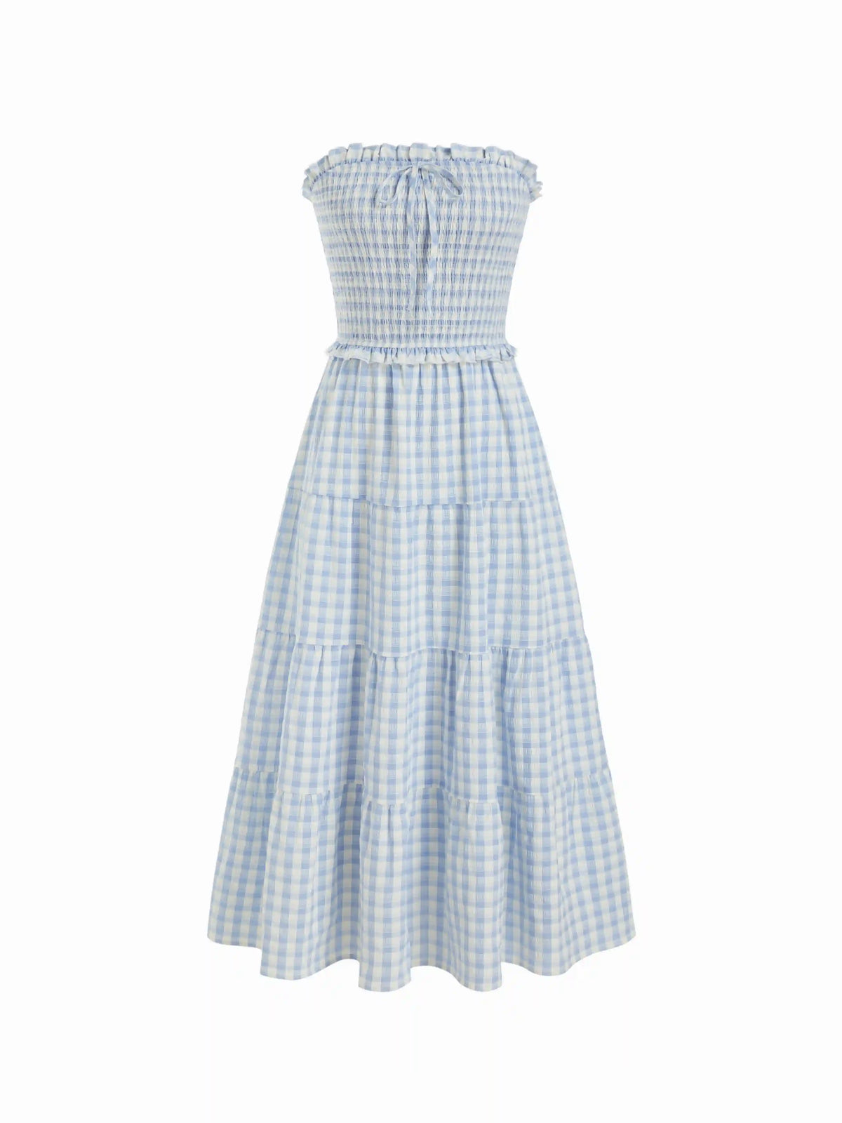 Gingham Strapless Shirred Knotted Ruffle Trim Tiered Maxi Dress