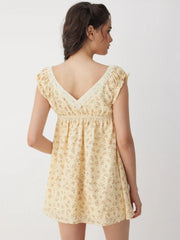 Cotton-blend Floral V-neck Textured Lace Trim Bowknot Babydoll Mini Dress