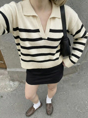 Striped Collar Knit Polo Top
