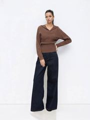 Cable Knit Collar Long Sleeve Cinched Waist Top