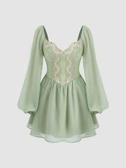 Cotton-blend Sweetheart Neckline Floral Embroidery Ruffle Mini Dress