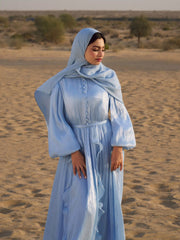 Stand Collar Lantern Sleeve Ruffled Belted Flared Maxi Dress