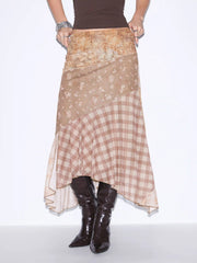 Mesh Floral Asymmetrical Hem Split Maxi Skirt