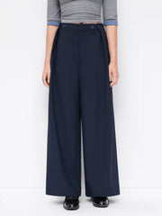 Mid Rise Solid Button Elastic Waist Wide Leg Trousers