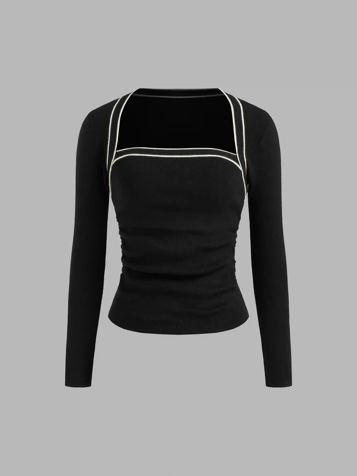 Knit Square Neck Solid Contrasting Binding Ruched Long Sleeve Top