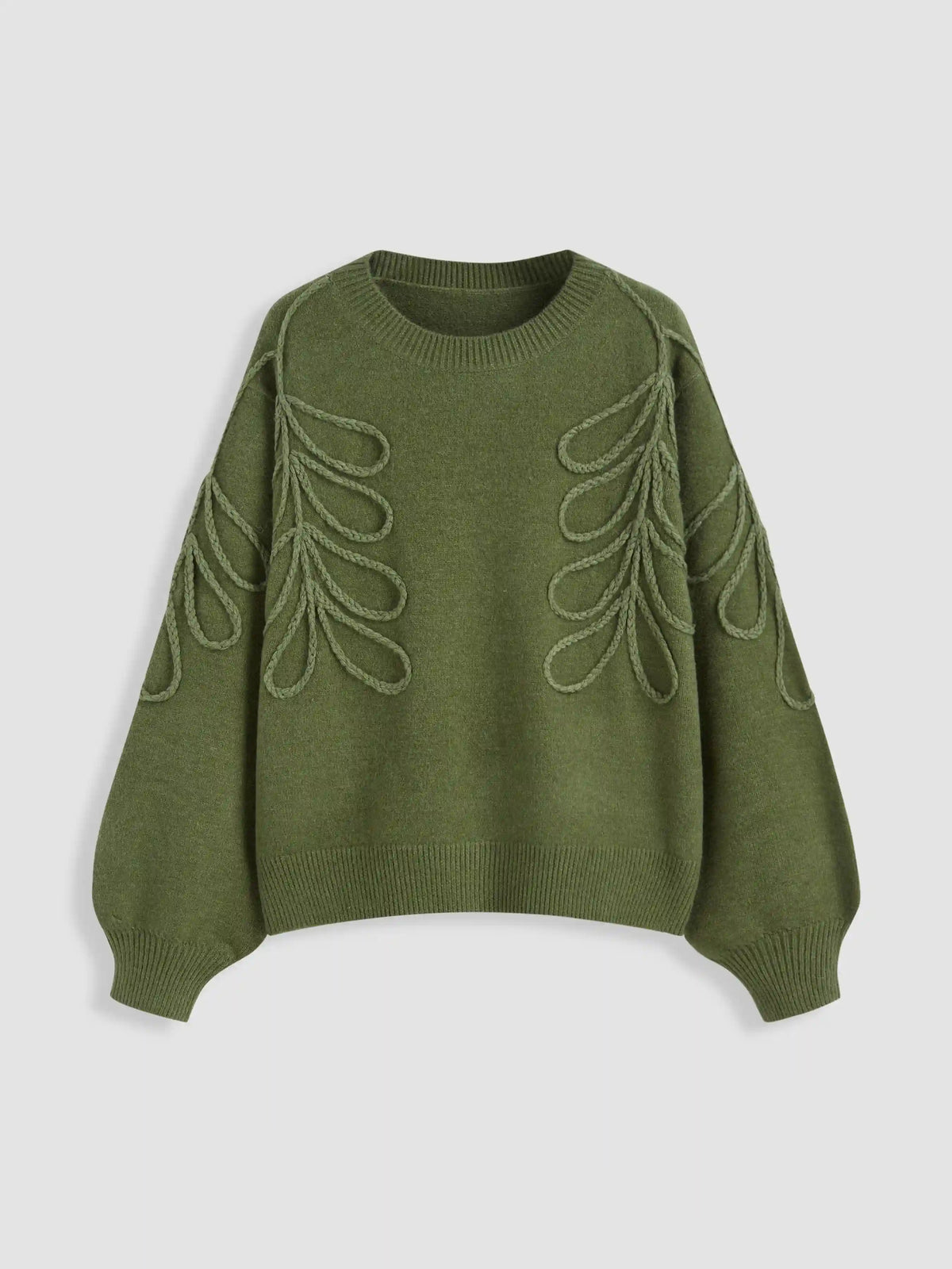 Knit Round Neckline Leaf Braid Oversized Sweater
