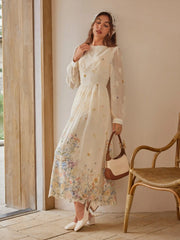 Chiffon Boat Neck Floral Embroidery Ruffle Maxi Dress