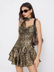 Leopard Print Asymmetrical Neck Ruched Layered Mini Dress