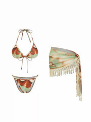 V-neck Animal Graphic Low Rise Triangle Bikini Set With Tassel Trim Sarong